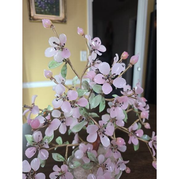 Vintage Large Mid Century Chinese Jade Glass Agate Bonsai Flower Tree 15 X 18 - Picture 9 of 16